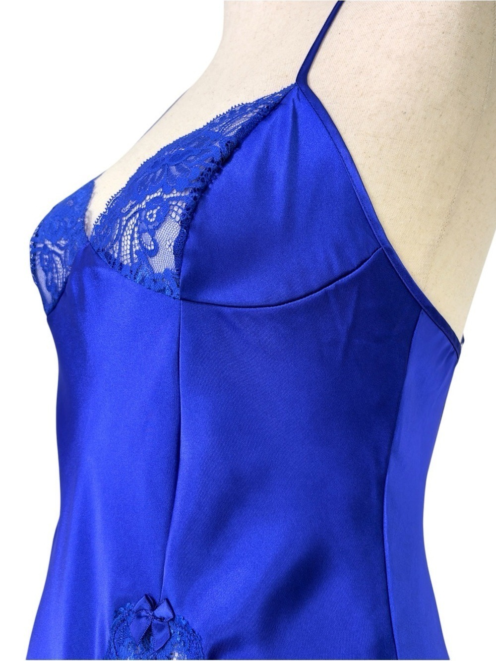 Shirley of Hollywood Maxi Satin Lace Side Slip Dress M Fairy, Romantic, Hot Blue - Picture 7 of 13